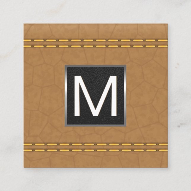 Carte De Visite Carré Triage métallique monogramme | Cuir Tan Double Tra (Devant)