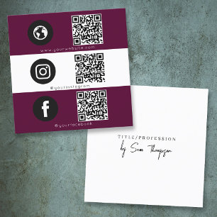 Carte De Visite Carré Triple Icon & QR Code Business Social Media Maroon