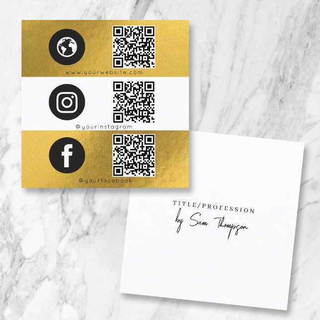 Carte De Visite Carré Triple Icon & QR Code Entreprise Social Media Gold (Triple Icon & QR Code Business Social Media Gold Square Business Card)