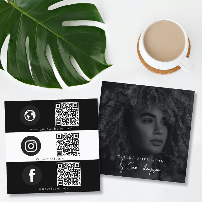 Carte De Visite Carré Triple Icon QR Code Photo Business Social Media (Triple Icon QR Code Photo Business Social Media Square Business Card)