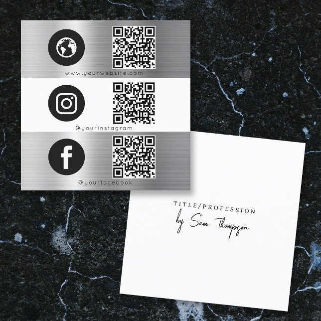Carte De Visite Carré Triple Icon QR Code Social Media Silver Metal (Triple Icon QR Code Social Media Silver Metal Square Business Card)