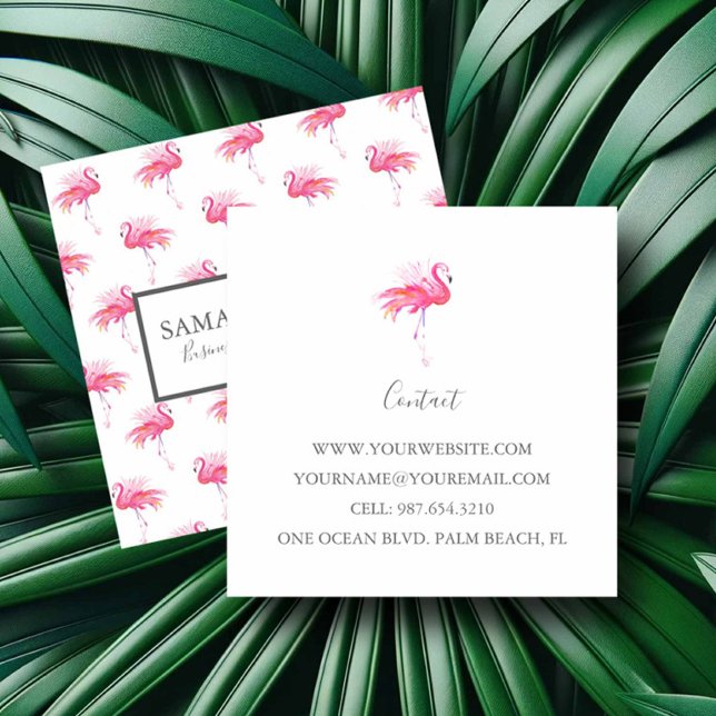 Carte De Visite Carré Tropical rose Flamingo (tropical girly business cards feature watercolor pink flamingo art by Victoria Grigaliunas)