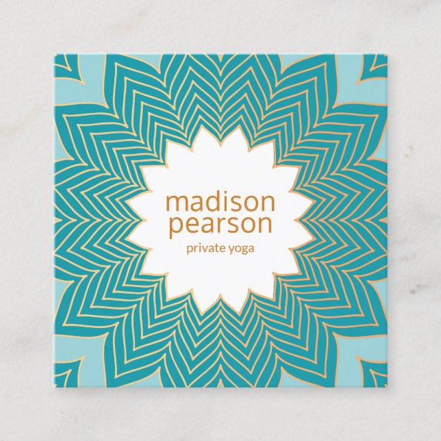 Carte De Visite Carré Turquoise bleu Lotus Mandala Fleur Yoga Enseignant (Devant)