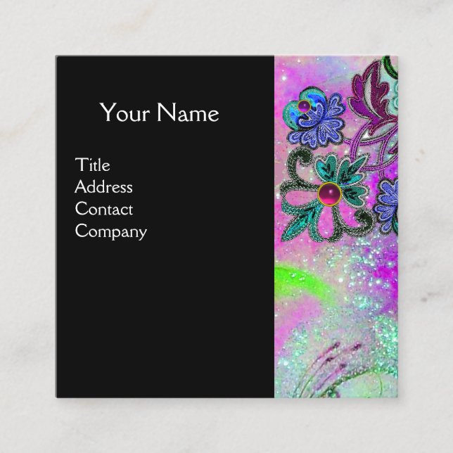 Carte De Visite Carré TURQUOISE BLEU PURPLE LACE FLEURS GEMSTONES Noir (Devant)
