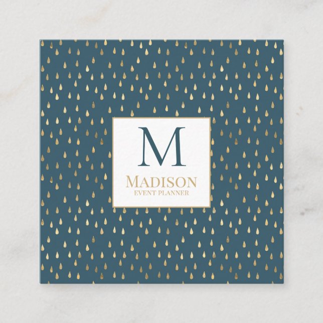 Carte De Visite Carré Turquoise Green Gold Raindrop Moderne Monogramme t (Devant)