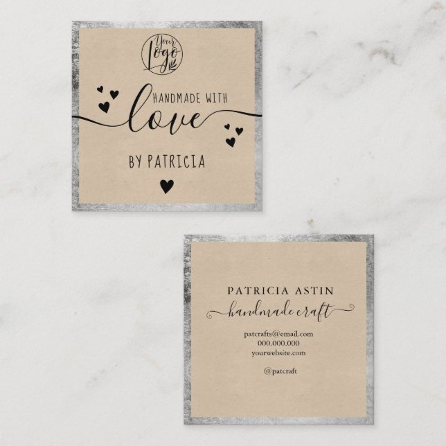 Carte De Visite Carré Typographie d'amour artisanale argent (Devant / Derrière)