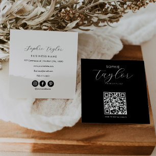 Carte De Visite Carré Typographie élégante Noir Blanc Code Qr
