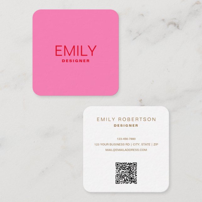 Carte De Visite Carré Typographie rouge moderne | Rose (Devant / Derrière)