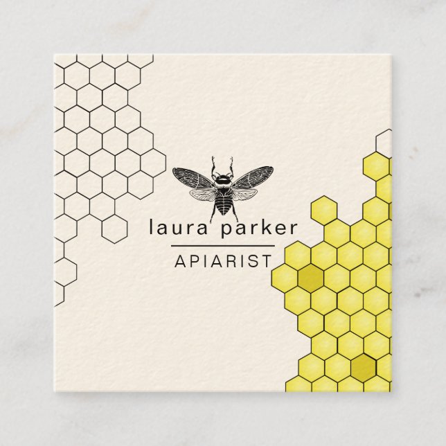 Carte De Visite Carré Vendeur d'abeilles Hexagone jaune noir Apiariste (Devant)
