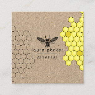 Carte De Visite Carré Vendeur de miel d'abeilles Apiariste Hexagon jaune
