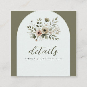 Carte De Visite Carré Vert olive kaki floral mariage aquarelle détail