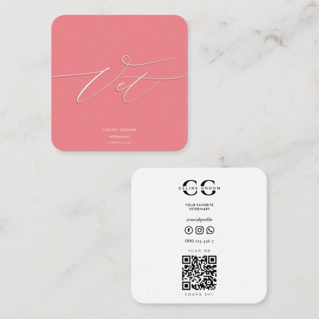 Carte De Visite Carré VET Pet Groom Care Chien expert Vétérinaire Qr (Devant / Derrière)