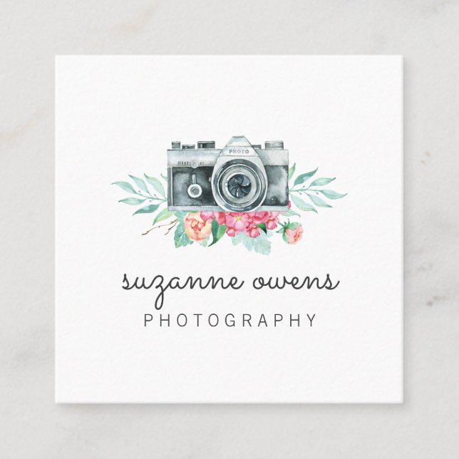 Carte de visite Carré vintage de caméra aquarelle (Devant)