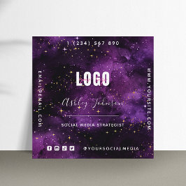 Carte De Visite Carré Violet Galaxy Space Sparkles QR Code & Logo Cosmiq
