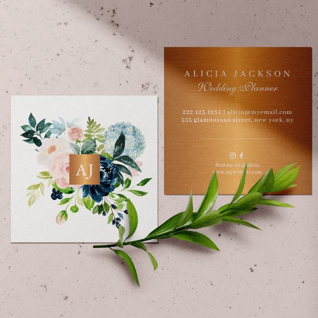 Carte De Visite Carré Wedding planner de cuivre métallique floral aquare (Créateur téléchargé)