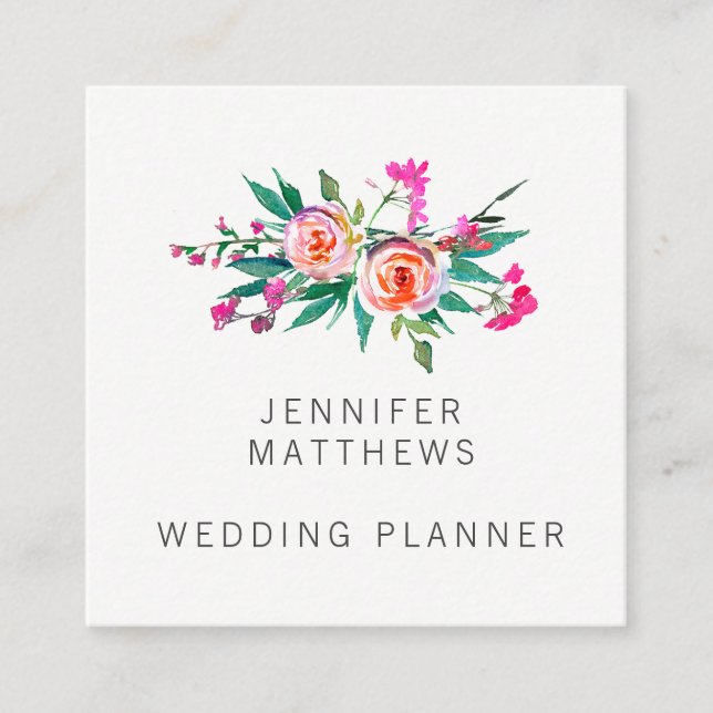 Carte De Visite Carré Wedding planner floral d'aquarelle élégante (Devant)