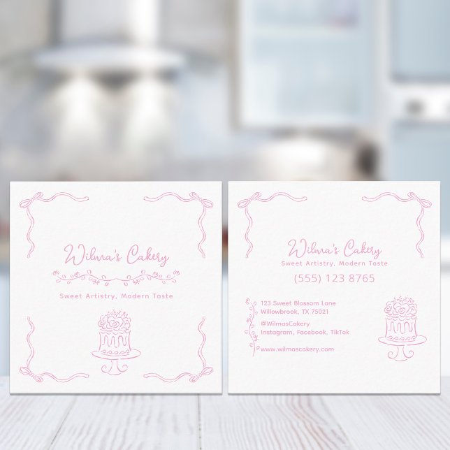 Carte De Visite Carré Whimsical Main tiré Mariage Boulangerie de gâteau  (Créateur téléchargé)