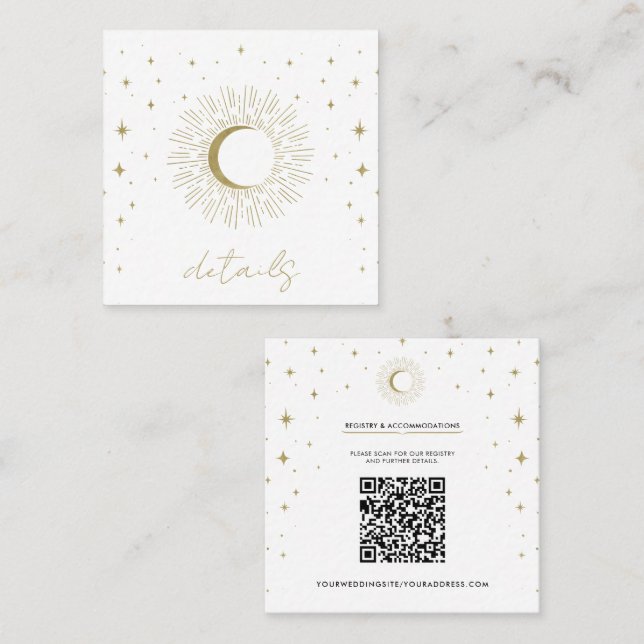 Carte De Visite Carré White & Gold Stars Celestial Sunburst Moon Mariage (Devant / Derrière)