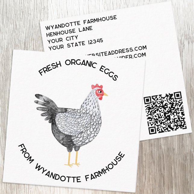 Carte De Visite Carré Wyandotte OEufs de ferme de poulet Code QR (Wyandotte Chicken hen watercolor custom text QR code farm poultry eggs business card)