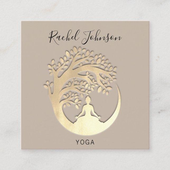 Carte De Visite Carré Yoga Classes École Logo Instructeur Beige Gold (Devant)