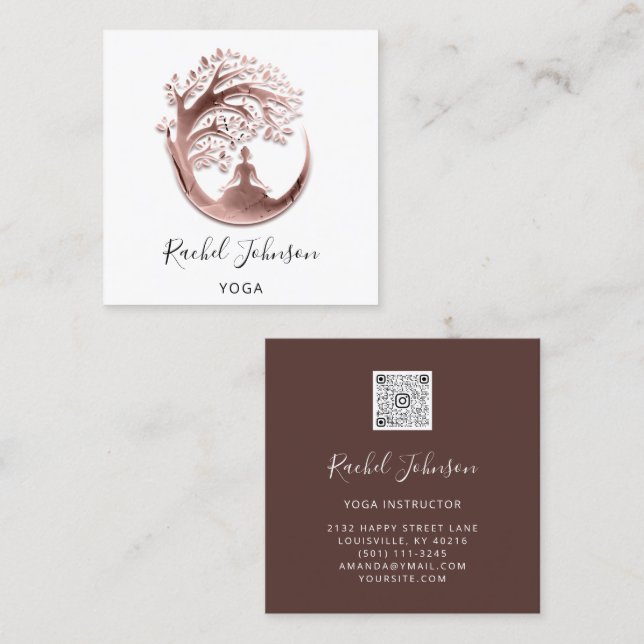 Carte De Visite Carré Yoga Classes École Logo Instructeur QR Rose Blanc (Devant / Derrière)