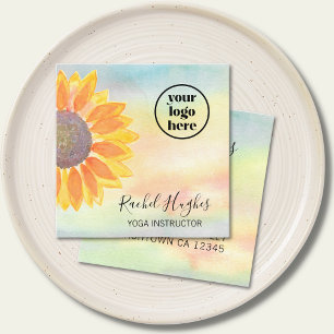 Carte De Visite Carré Yoga Instructeur Logo Tournesol Aquarelle