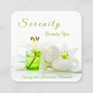 Carte De Visite Carré Zen Rocks & Lilly Flower Green & White Beauty Spa