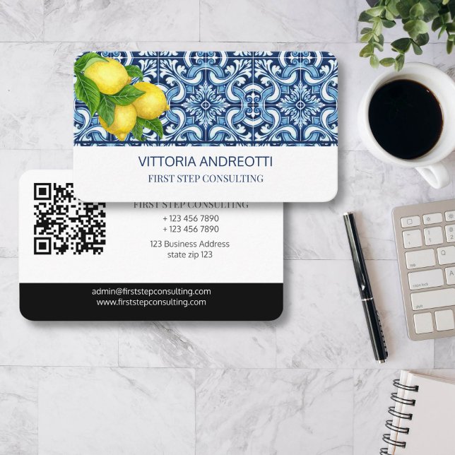 Carte De Visite Carrelage bleu et citrons méditerranéen italien (Blue tiles and lemons Italian Amalfi Positano Vietri Mediterranean blue themed qr business cards)