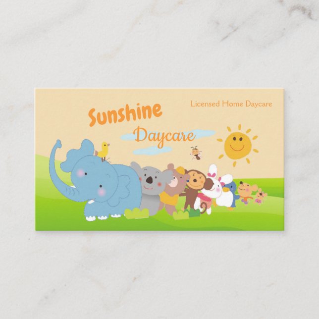 Carte De Visite Cartoon Safari Animaux Enfants Garderie Babysitter (Devant)