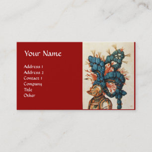 CARTE DE VISITE CASQUE DE CHEVALIER ANTIQUE AUX FEUILLES BLEU ROUG