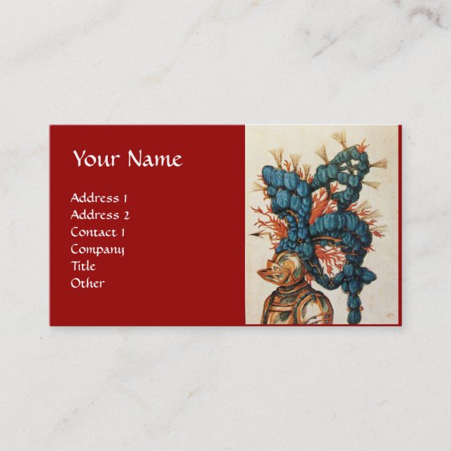 CARTE DE VISITE CASQUE DE CHEVALIER ANTIQUE AUX FEUILLES BLEU ROUG (Devant)