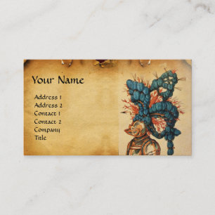 CARTE DE VISITE CASQUE DE CHEVALIER ANTIQUE AUX FEUILLES BLEU ROUG