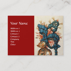 CARTE DE VISITE CASQUE DE CHEVALIER ANTIQUE AUX FEUILLES BLEU ROUG