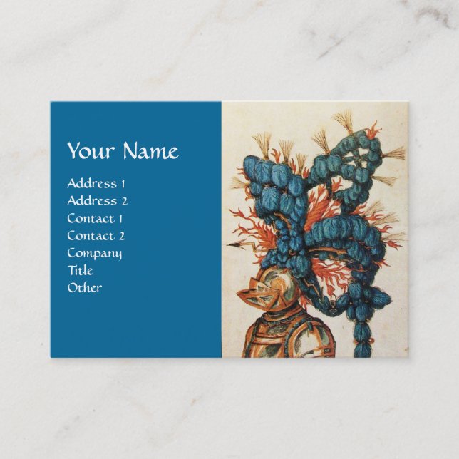 CARTE DE VISITE CASQUE DE CHEVALIER ANTIQUE AUX FEUILLES BLEU ROUG (Devant)