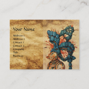 CARTE DE VISITE CASQUE DE CHEVALIER ANTIQUE AUX FEUILLES BLEU ROUG