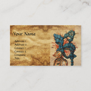 CARTE DE VISITE CASQUE DE CHEVALIER ANTIQUE AUX FEUILLES BLEU ROUG