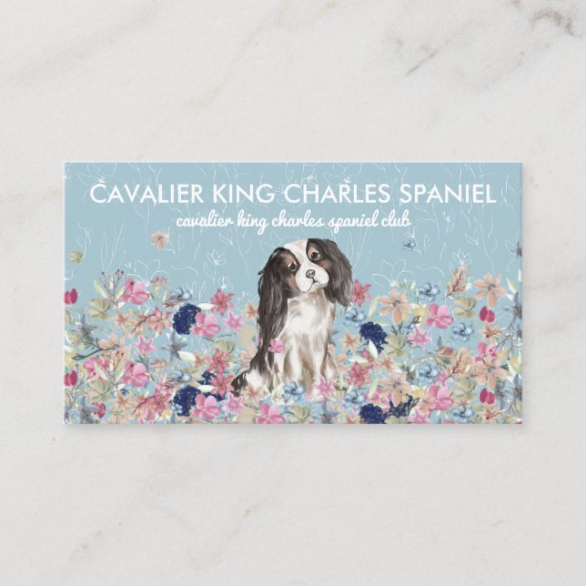 Carte De Visite Cavalier King Charles Spaniel Chien Flower Motif (Devant)