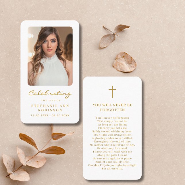 Carte De Visite Célébration de la vie Photo Gold Funeral Prayer Ca (Créateur téléchargé)