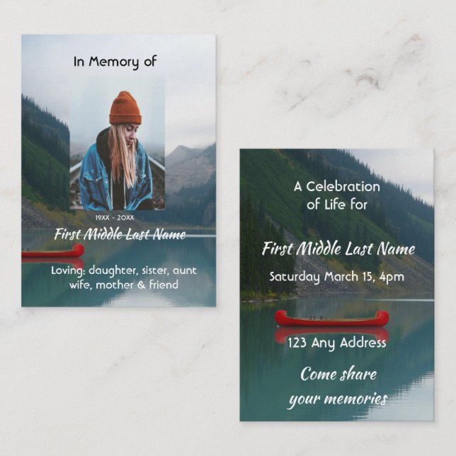 Carte De Visite Celebration of Life Service Wilderness Lake Canoe (Devant / Derrière)