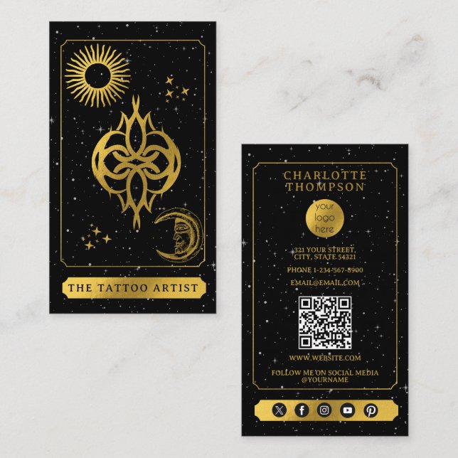 Carte De Visite Celestial Tarot Logo Tattoo Artist Black Gold  (Devant / Derrière)