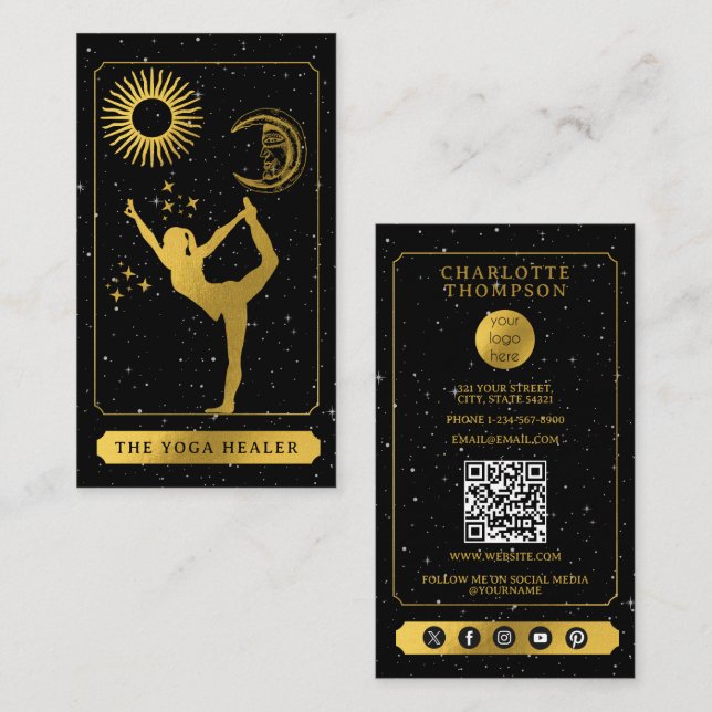 Carte De Visite Celestial Tarot Logo Yoga Healer Black Gold  (Devant / Derrière)