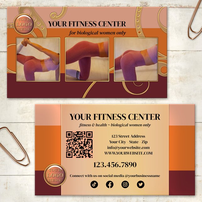 Carte De Visite Centre de fitness réservé aux femmes (Business card in warm earth tones with your photos, QR code, logo and social media icons)