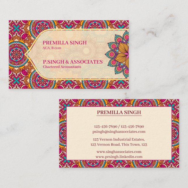 Carte De Visite Cerise mandala rangoli motif ethnique dynamique (Devant / Derrière)