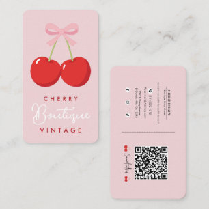 Carte De Visite Cerises Rouges avec Nœud Rose Boutique Coquette