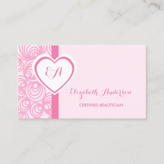 Carte De Visite Certifié Beautician Girly Pink Heart Monogramme (Devant)
