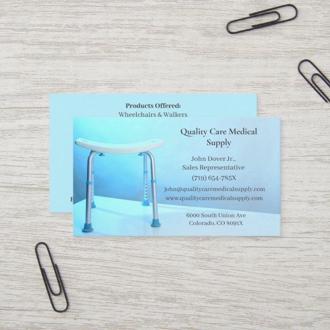 Carte De Visite Chaise de douche bleue Équipement Médicale pour so (Devant/Arrière en situation)