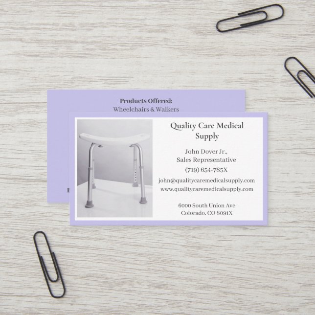 Carte De Visite Chaise de douche violet Équipement de soins Médica (Devant/Arrière en situation)