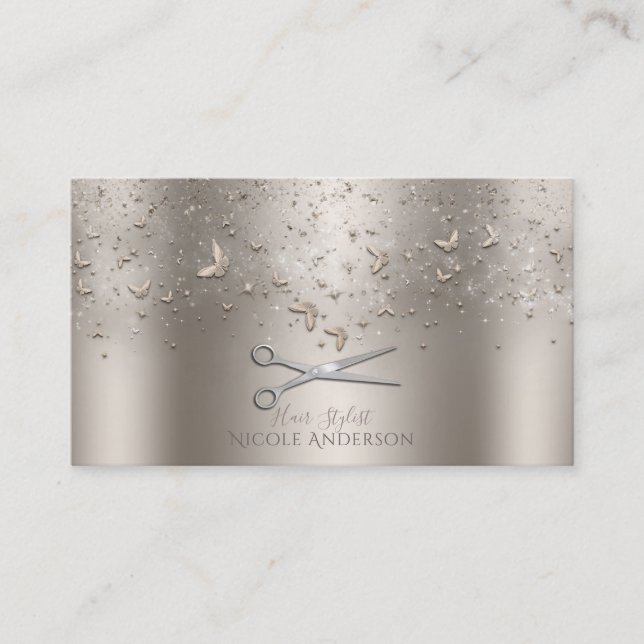 Carte De Visite Champagne Gold Butterflies Silver Scissors Stylist (Devant)