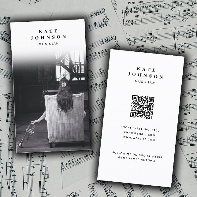 Carte De Visite Chanteur musicien Artiste Photo Médias sociaux QR  (Singer Musician Artist Photo Social Media QR Code Business Card)