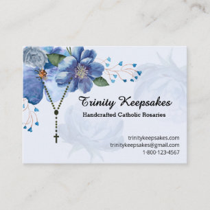 Carte De Visite Chapelet catholique floral aquarelle bleu élégant